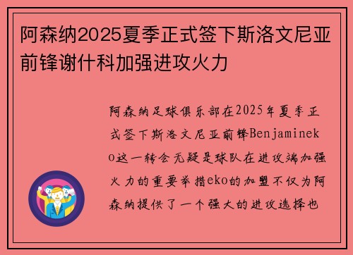 阿森纳2025夏季正式签下斯洛文尼亚前锋谢什科加强进攻火力