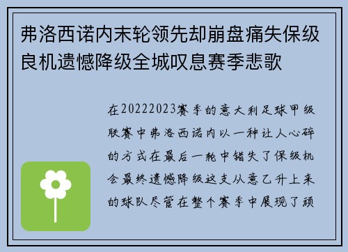 弗洛西诺内末轮领先却崩盘痛失保级良机遗憾降级全城叹息赛季悲歌