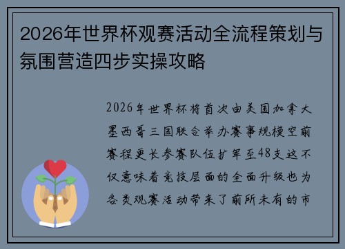 2026年世界杯观赛活动全流程策划与氛围营造四步实操攻略